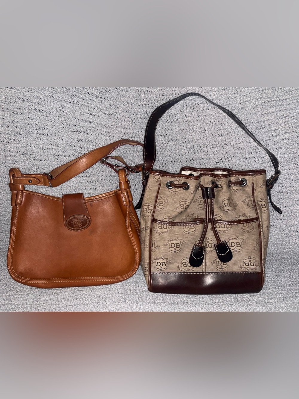 Dooney & Bourke Vintage hobo and Tan Leather and Brown Logo Canvas Bucket Bag